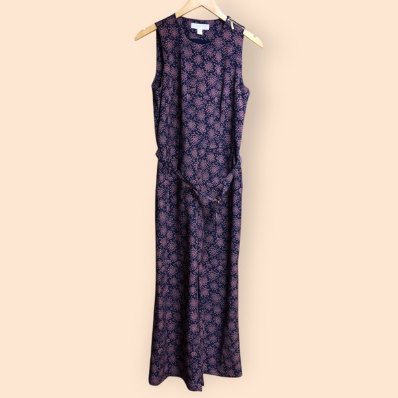 Michael Kors Floral Matte Jersey Belted Jumpsuit Outfit Navy Pink Cute Women’s 6 - Picture 1 of 15